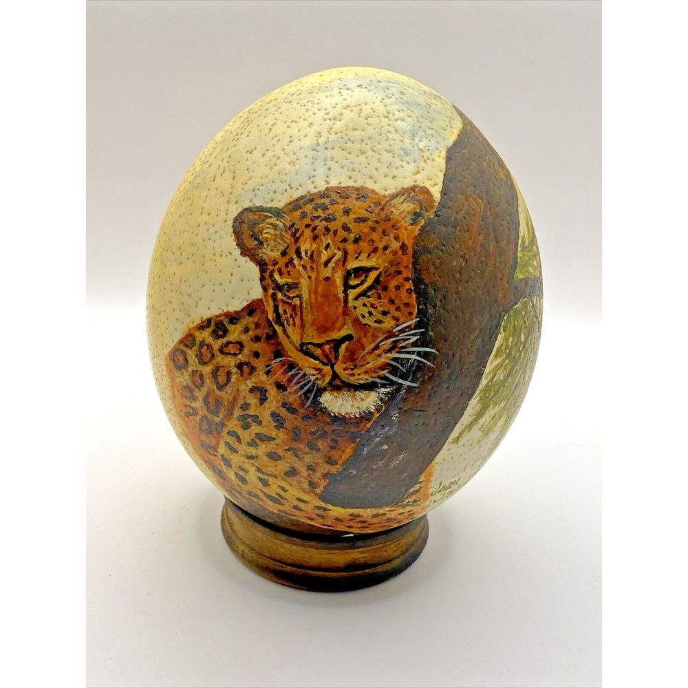 Signed Cheetah Hand‎ Painted Ostrich Egg 6" with Stand by Joan Jarrell